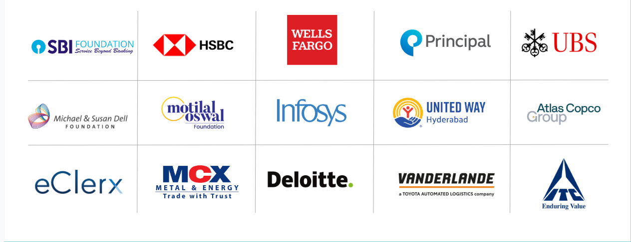 Logos of SBI Foundation, HSBC, Wells Fargo, Principal, UBS, Michael & Susan Dell Foundation, Motilal Oswal Foundation, Infosys, United Way Hyderabad, Atlas Copco Group, eClerx, MCX, Deloitte, Vanderlande and ITC
