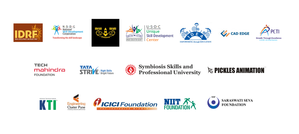 Logos of IDRF, National Skill Development Corporation, AMY Fitness, Unique Skill Development Center, IDEA, CAD Edge, PCTI, Tech Mahindra Foundation, Tata STRIVE, Symbiosis Skills and Professional University, Pickles Animation, KTI, Engineering Cluster Pune, ICICI Foundation, NIIT Foundation and Saraswati Seva Foundation