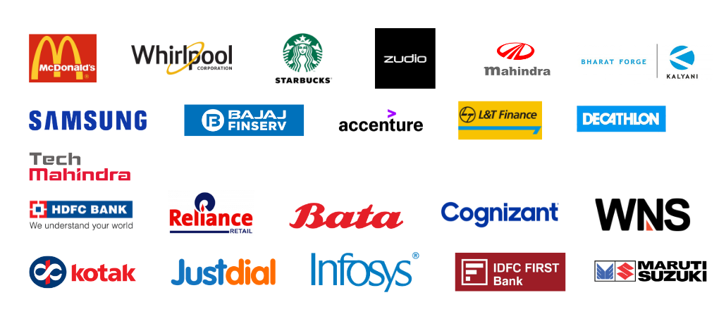 Logos of McDonald's, Whirlpool, Starbucks, Zudio, Mahindra, Bharat Forge, Samsung, Bajaj Finserv, Accenture, L&T Finance, Decathlon, Tech Mahindra, HDFC Bank, Reliance Retail, Bata, Cognizant, WNS, Kotak, Justdial, Infosys, IDFC First Bank and Maruti Suzuki